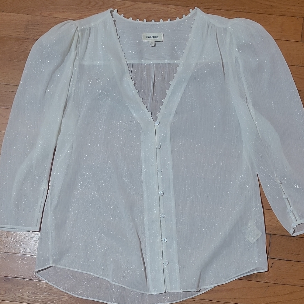 L'AGENCE Sheer Ivory White Kimberly Button-Up Blouse Shimmery